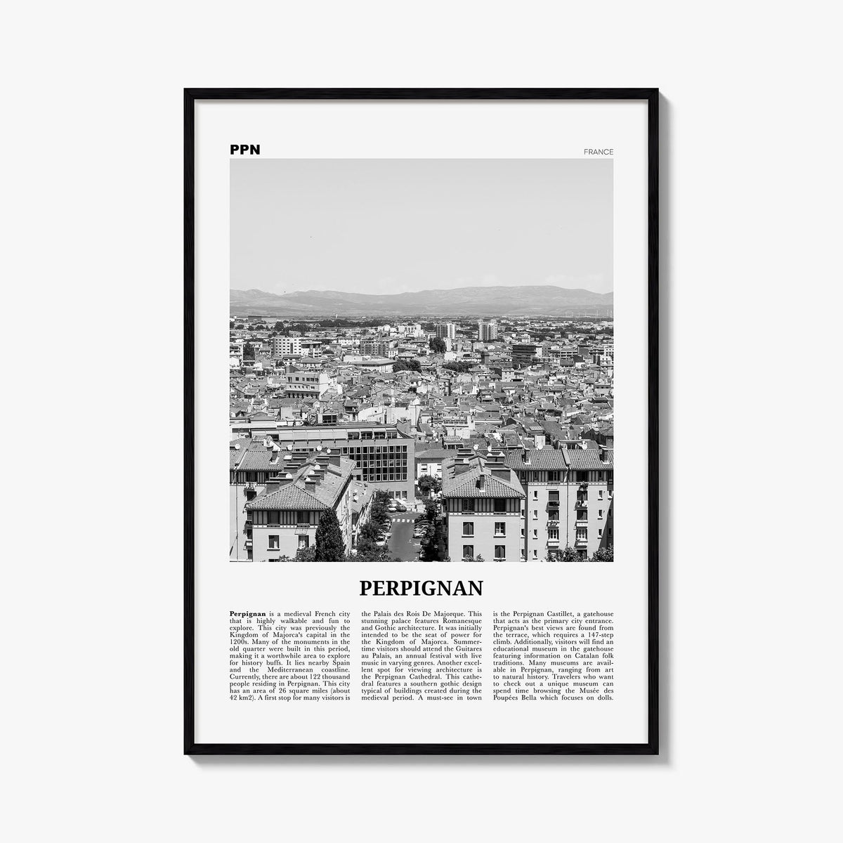 Perpignan black & white newspaper poster of France – vertical wall art, unframed print shown in interior mockup