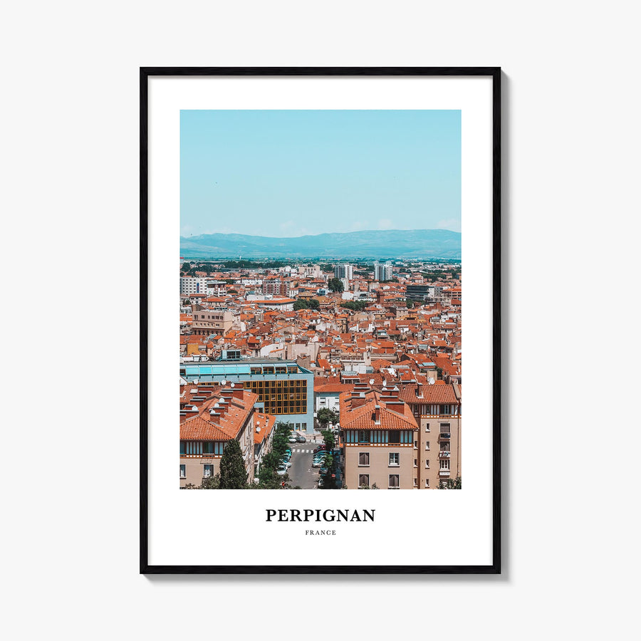 Perpignan colorful classic poster of France – vertical wall art, unframed print shown in interior mockup
