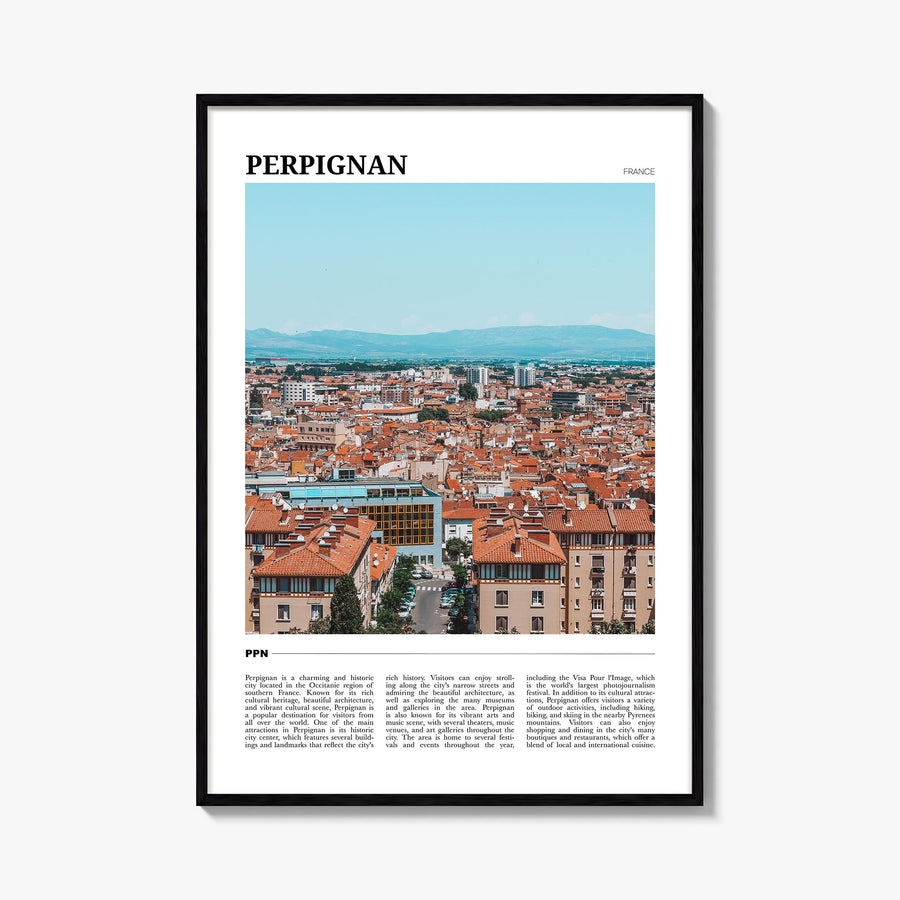 Perpignan colorful travel poster of France – vertical wall art, unframed print shown in interior mockup