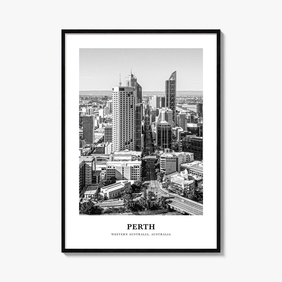 Perth black & white classic poster of Western Australia, Australia – vertical wall art, unframed print shown in interior mock