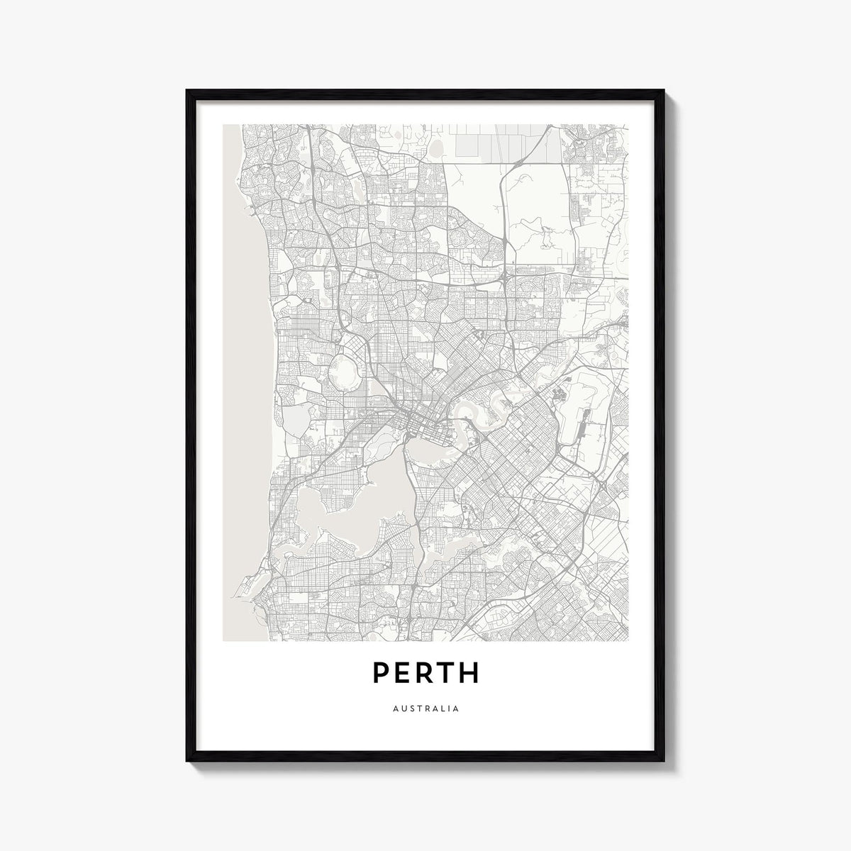Perth black & white map poster of Western Australia, Australia – vertical wall art, unframed print shown in interior mockup