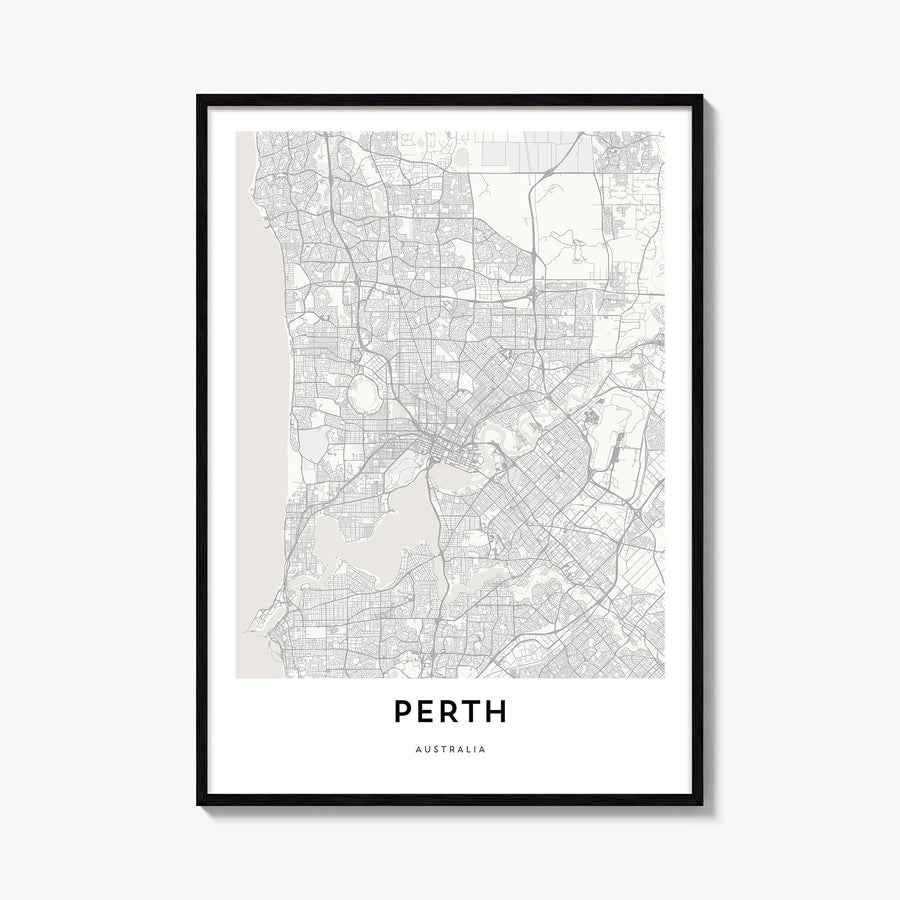 Perth black & white map poster of Western Australia, Australia – vertical wall art, unframed print shown in interior mockup