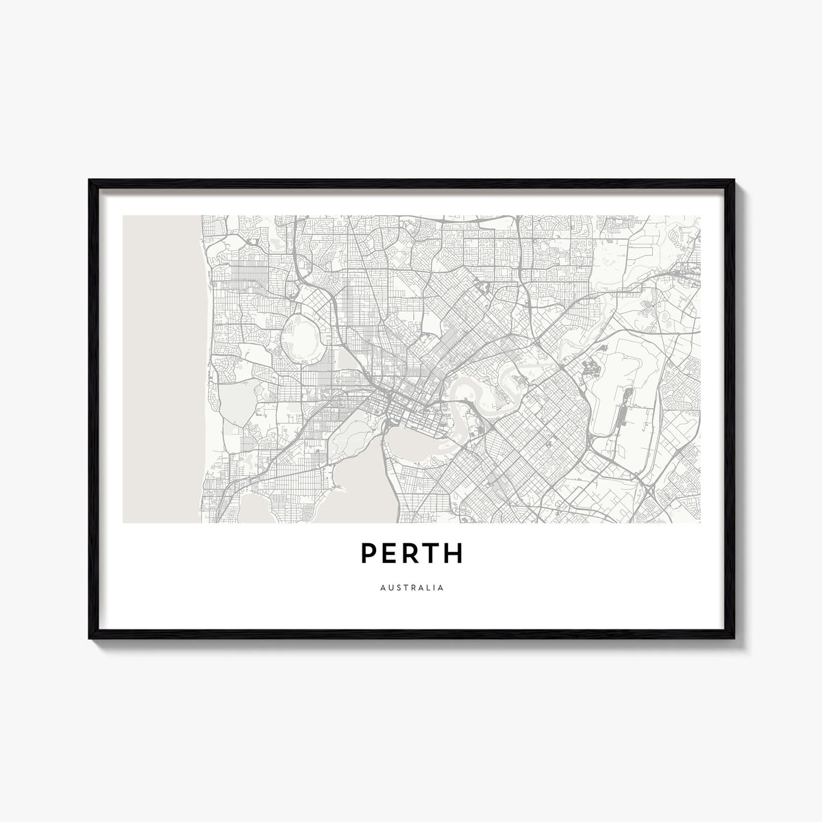 Perth black & white map poster of Western Australia, Australia – horizontal wall art, unframed print shown in interior mockup