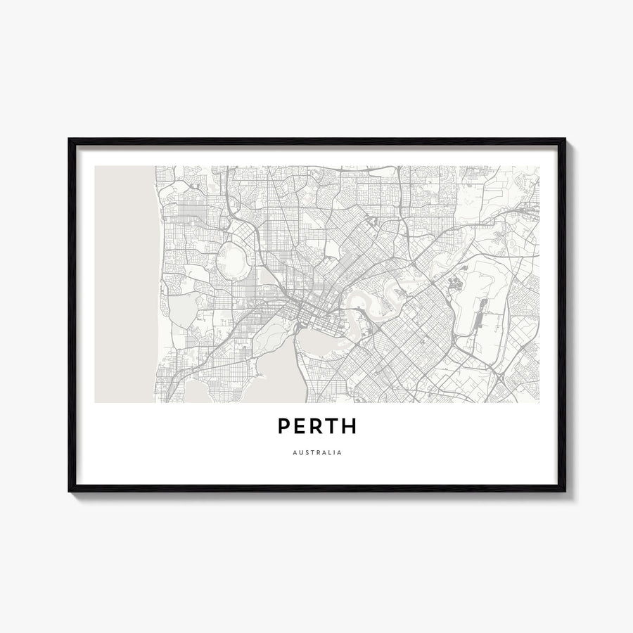 Perth black & white map poster of Western Australia, Australia – horizontal wall art, unframed print shown in interior mockup