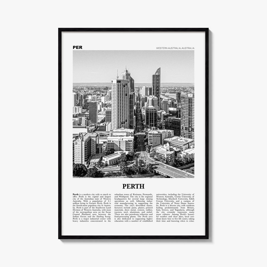 Perth black & white newspaper poster of Western Australia, Australia – vertical wall art, unframed print shown in interior mo