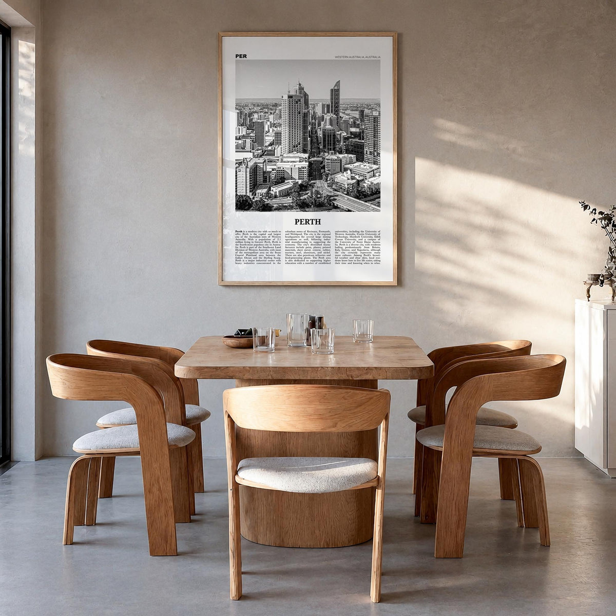 Perth black & white newspaper poster of Western Australia, Australia – vertical wall art in natural wood frame, hanging on wa