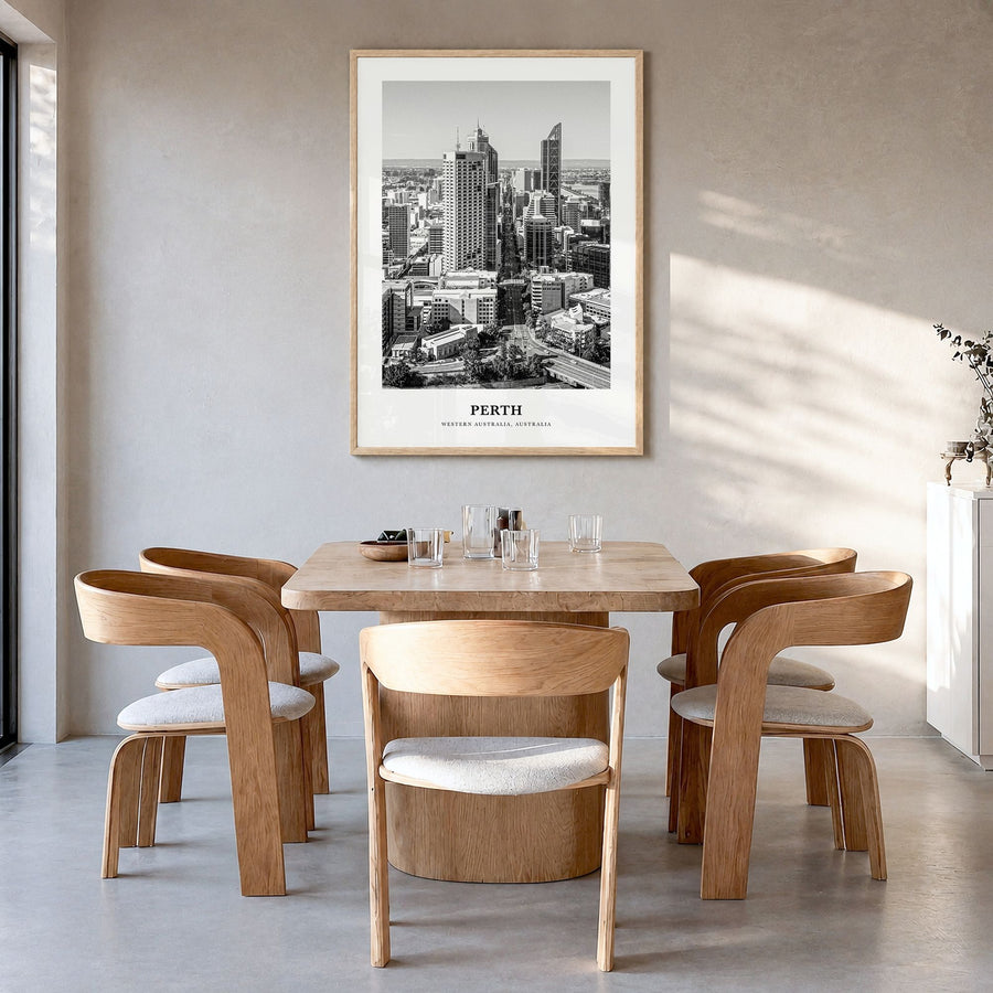 Perth Classic Poster in a natural wood frame, hanging in a dining room
