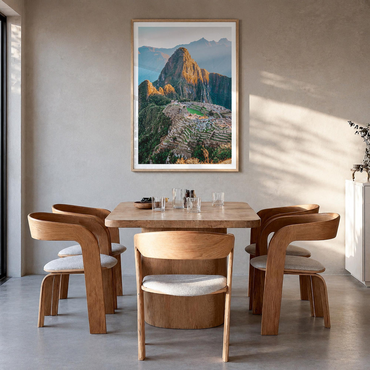 Peru colorful photo poster of South America – vertical wall art in natural wood frame with white border, hanging on wall