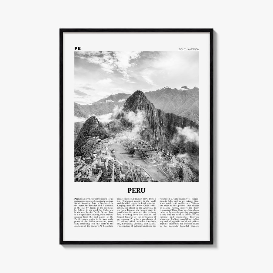 Peru no. 1 black & white newspaper poster of South America – vertical wall art, unframed print shown in interior mockup
