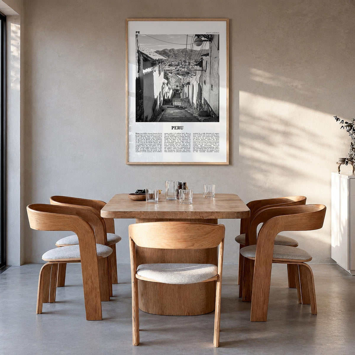 Peru no. 2 black & white newspaper poster of South America – vertical wall art in natural wood frame, hanging on wall