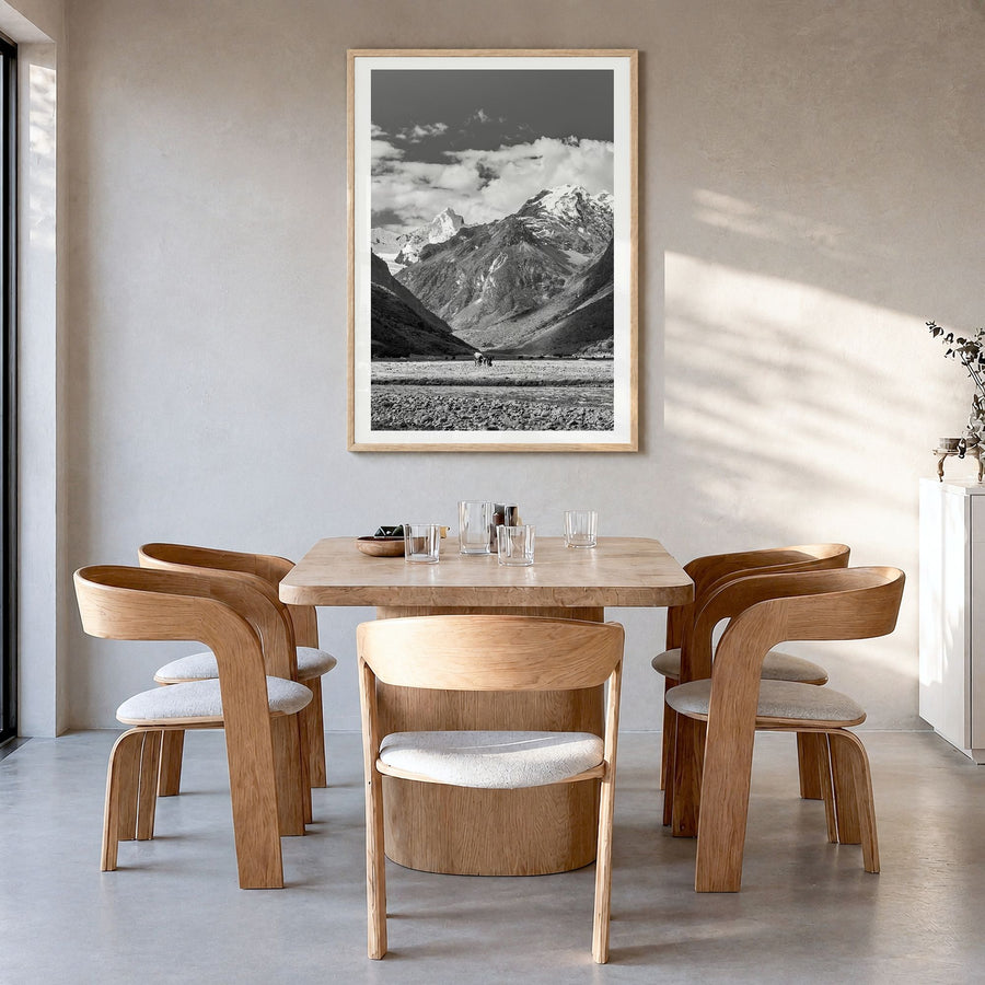 Peru Photo Poster in a natural wood frame, hanging in a dining room, white border