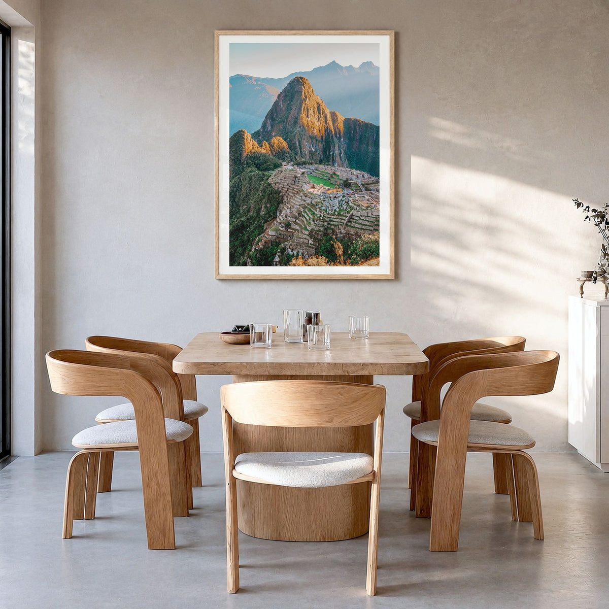 Peru Photo Poster in a natural wood frame, hanging in a dining room, white border