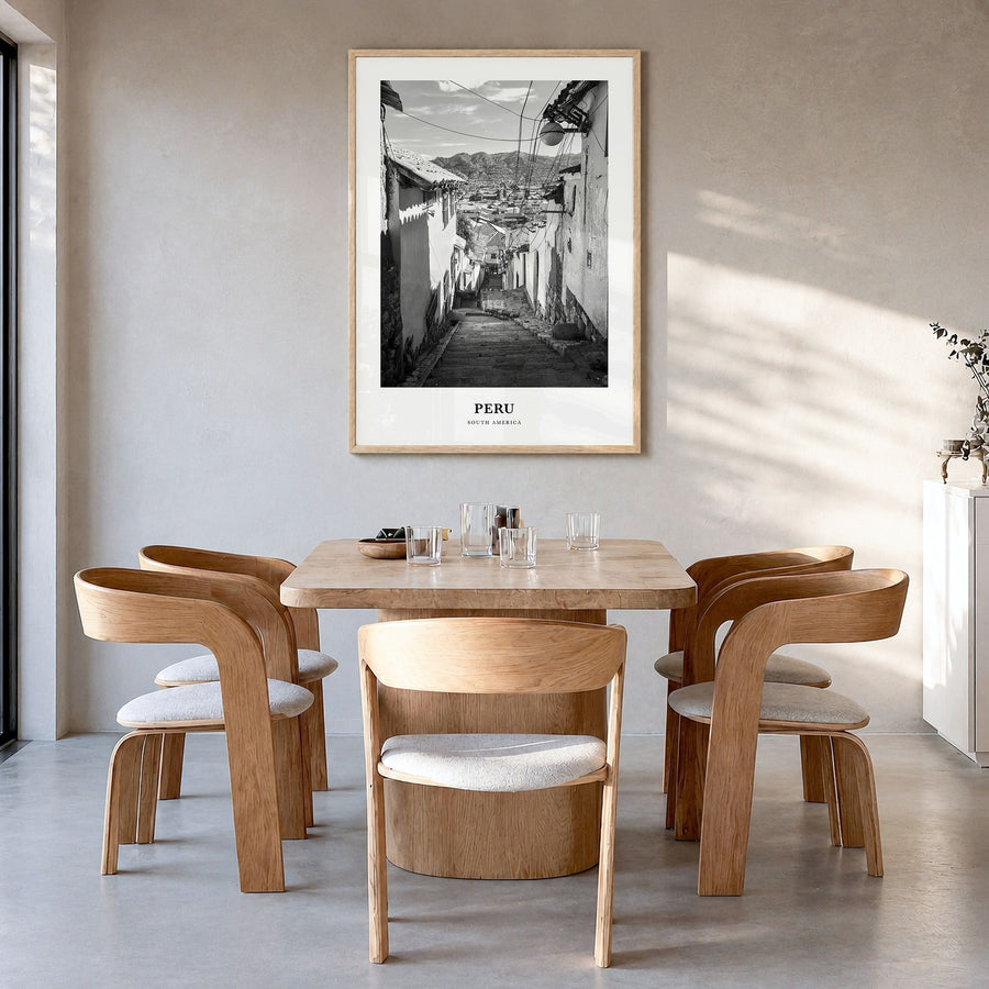 Peru Classic No 2 Poster in a natural wood frame, hanging in a dining room
