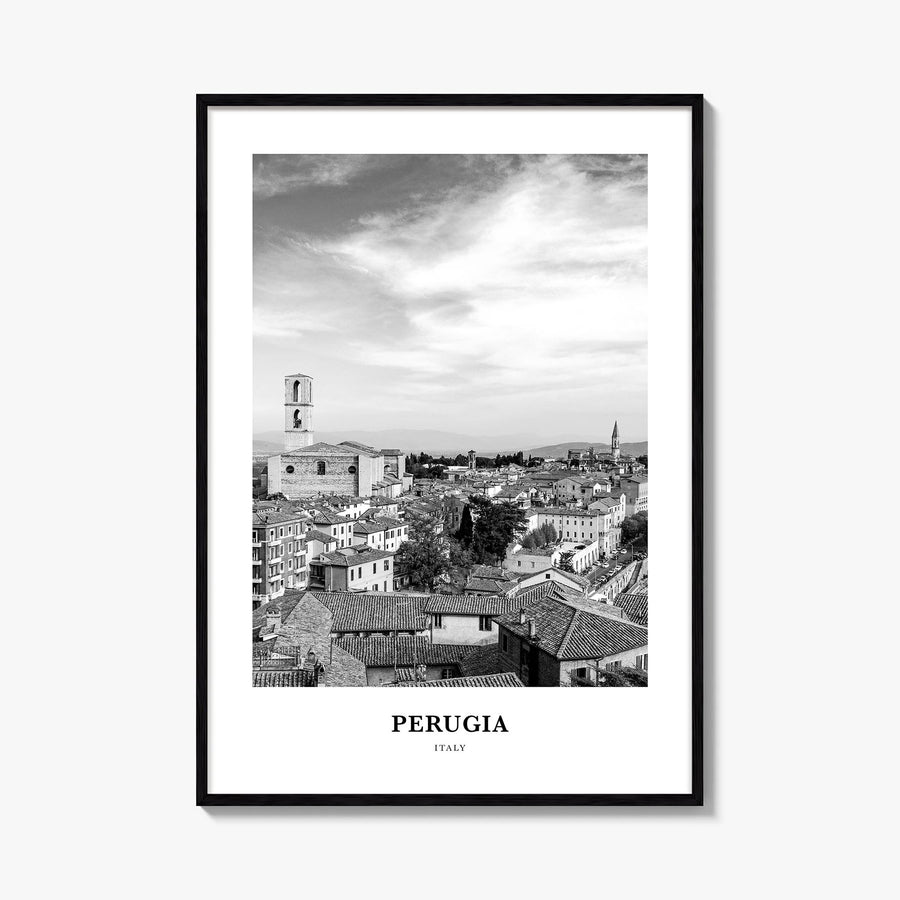 Perugia black & white classic poster of Italy – vertical wall art, unframed print shown in interior mockup