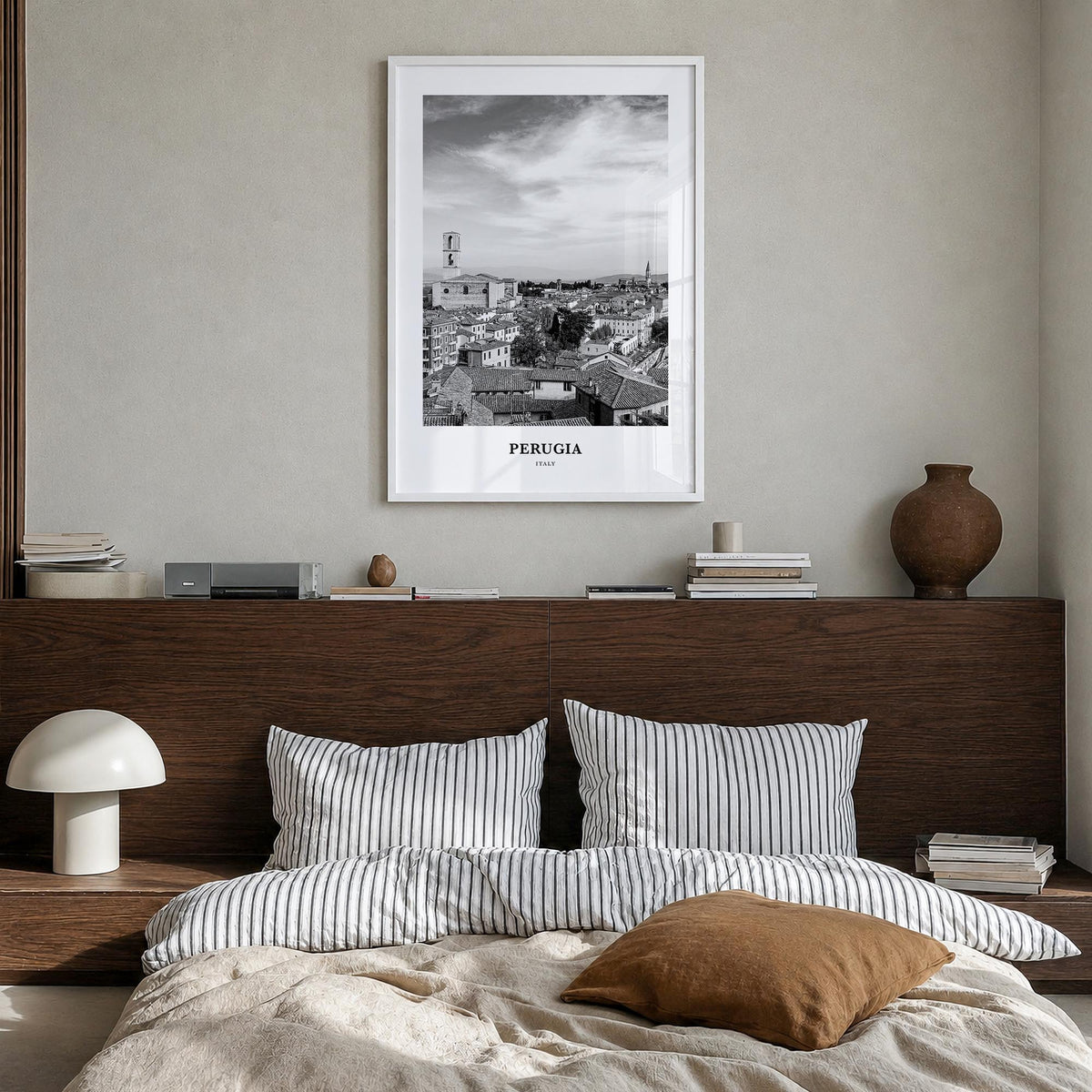 Perugia black & white classic poster of Italy – vertical wall art in white wood frame, hanging on wall