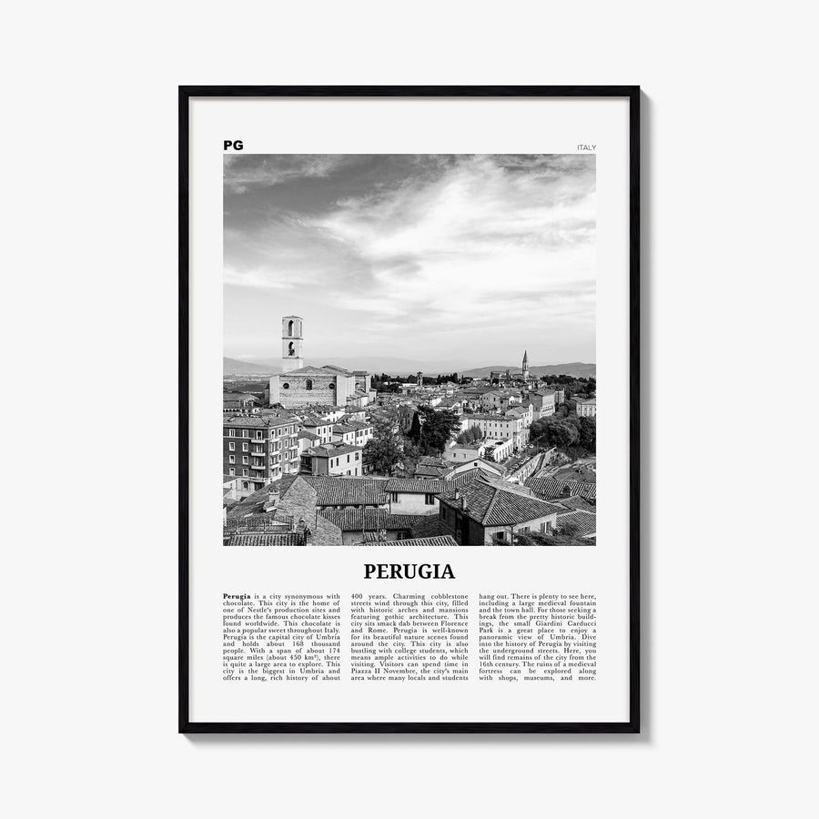 Perugia black & white newspaper poster of Italy – vertical wall art, unframed print shown in interior mockup