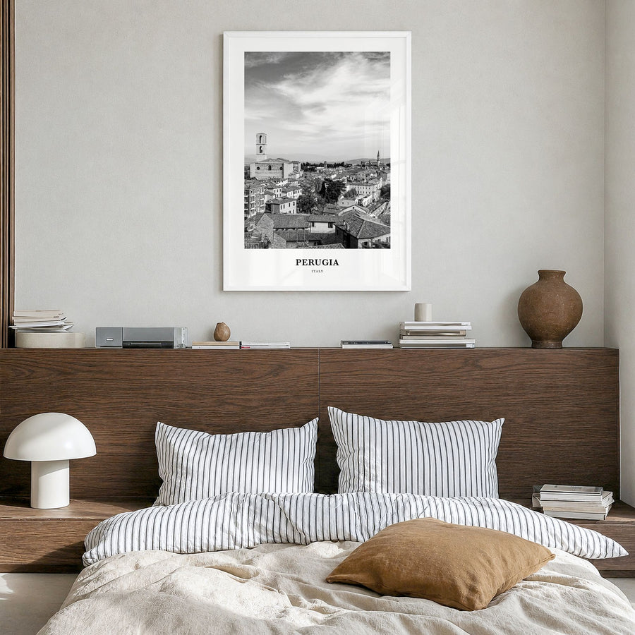 Perugia Classic Poster in a white wood frame, hanging in a bedroom