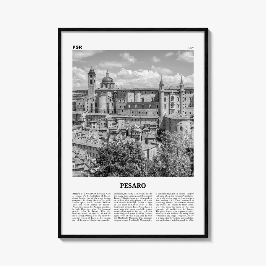 Pesaro black & white newspaper poster of Italy – vertical wall art, unframed print shown in interior mockup