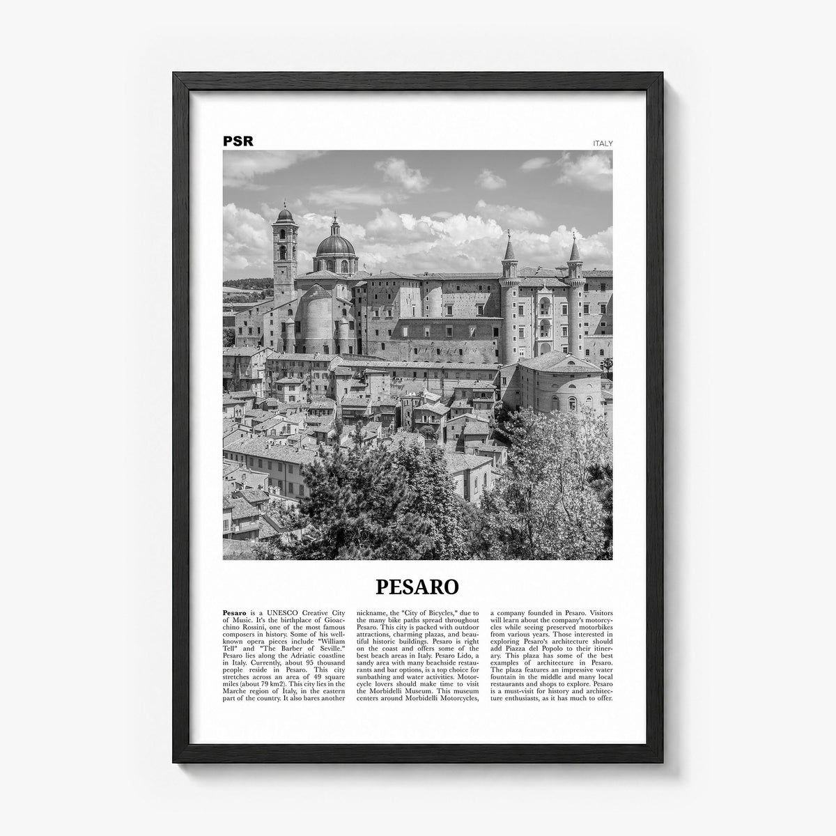 Pesaro Newspaper Poster in a black wood frame