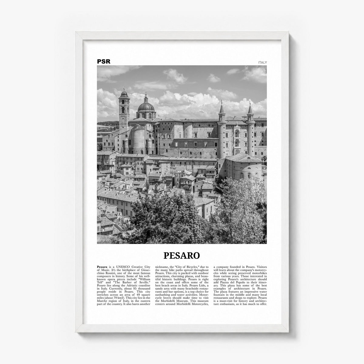 Pesaro Newspaper Poster in a white wood frame