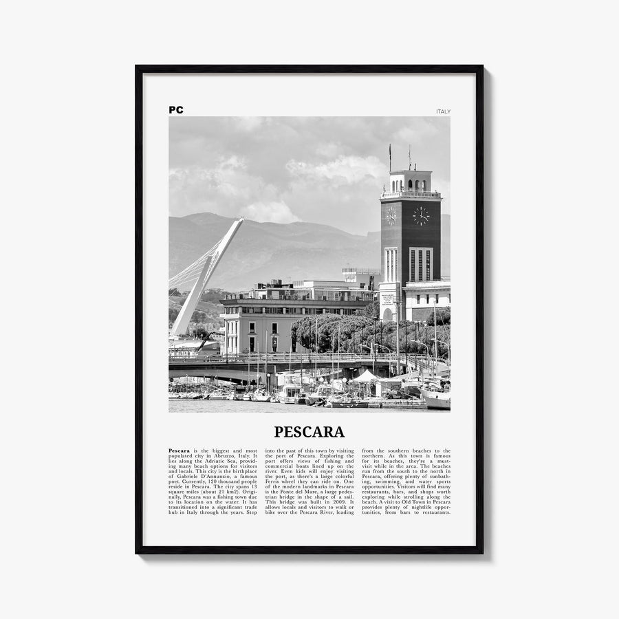 Pescara black & white newspaper poster of Italy – vertical wall art, unframed print shown in interior mockup