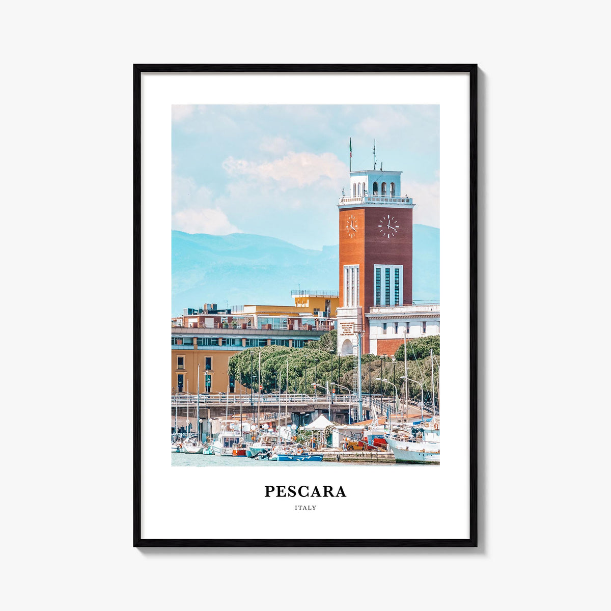 Pescara colorful classic poster of Italy – vertical wall art, unframed print shown in interior mockup