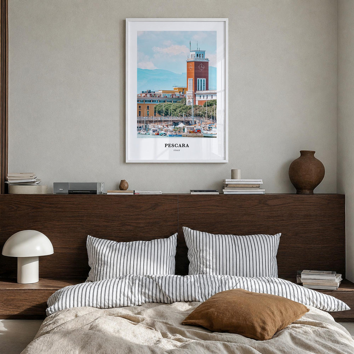 Pescara colorful classic poster of Italy – vertical wall art in white wood frame, hanging on wall