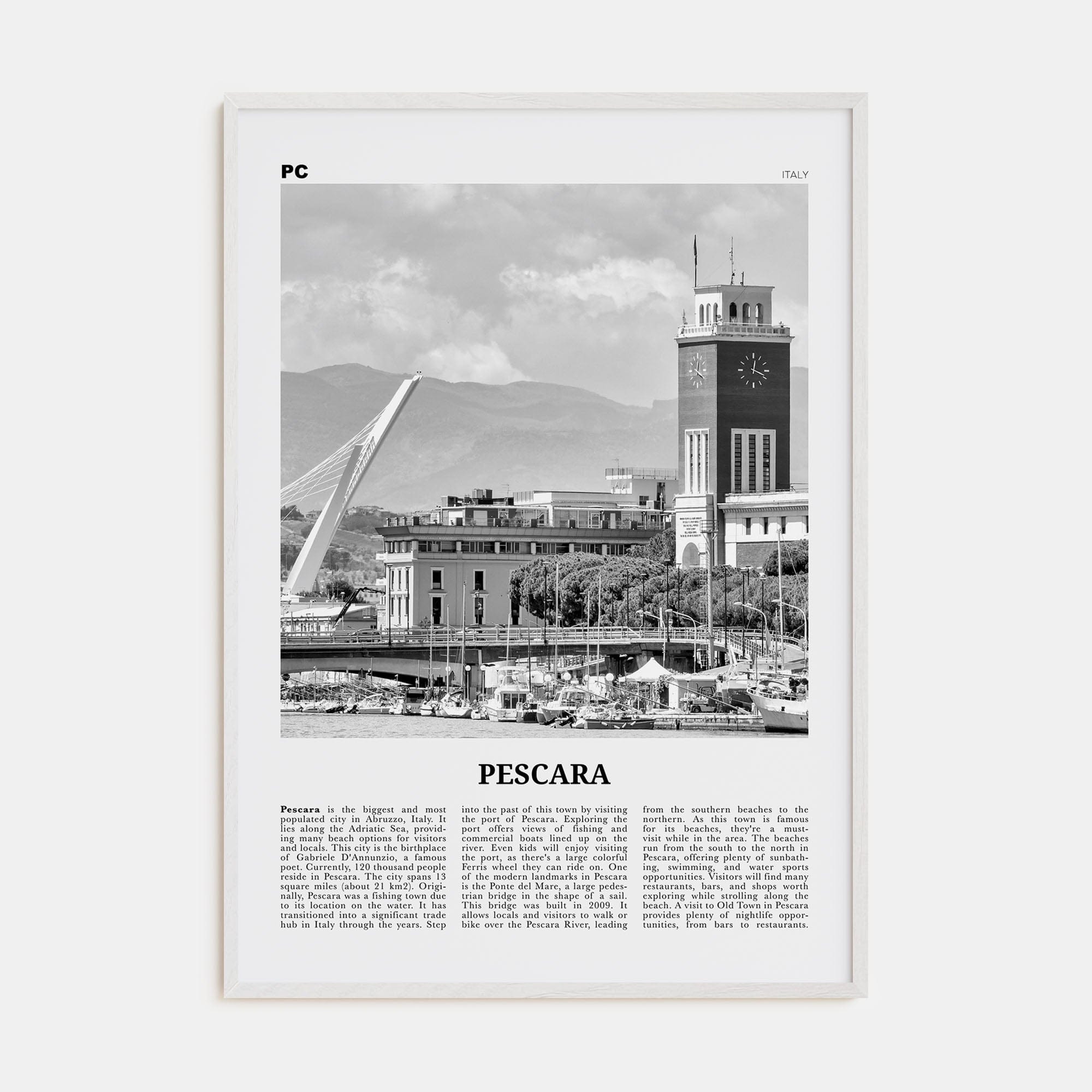 Pescara Poster White Wood / 8x12 in Nbourhood Travel B&W Poster