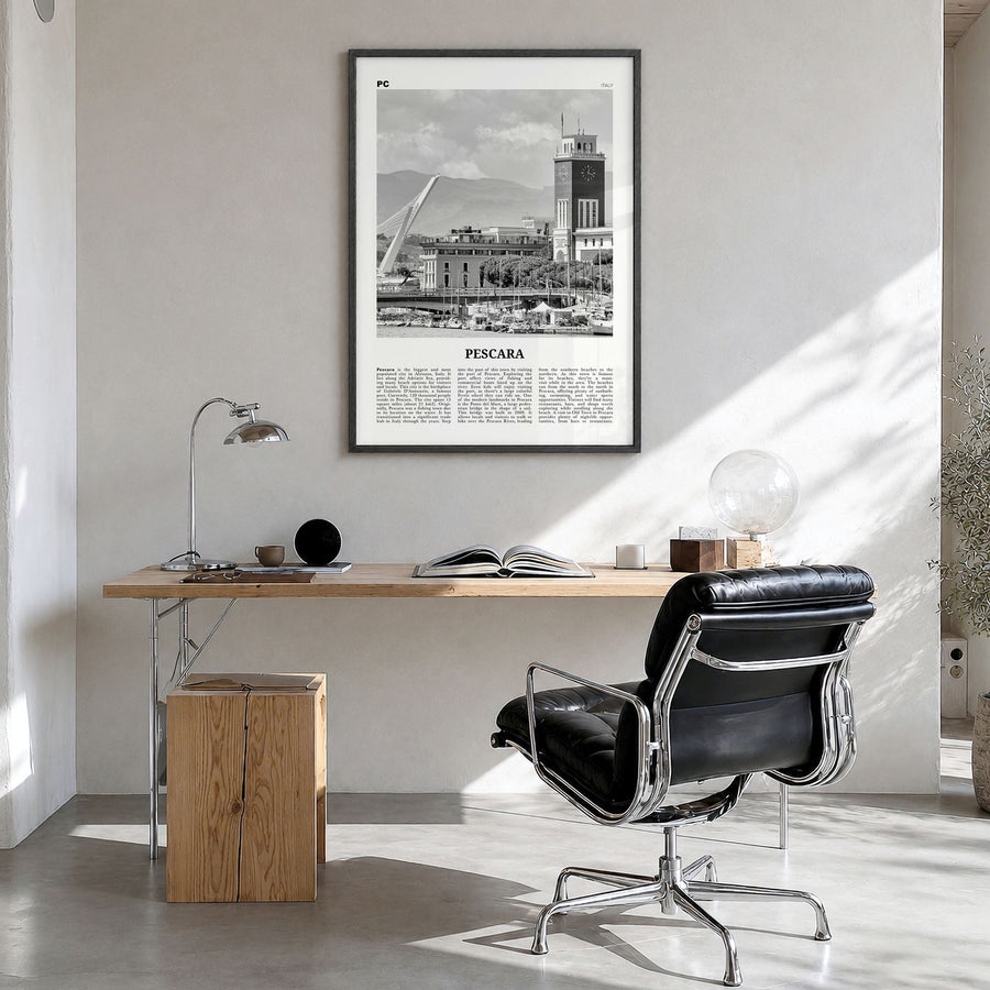 Pescara Newspaper Poster in a black wood frame, hanging in a bright home office