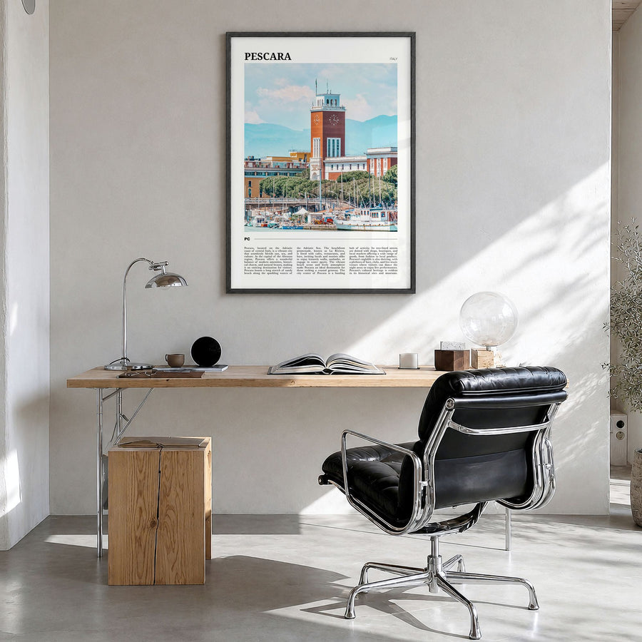 Pescara Travel Poster in a black wood frame, hanging in a bright home office