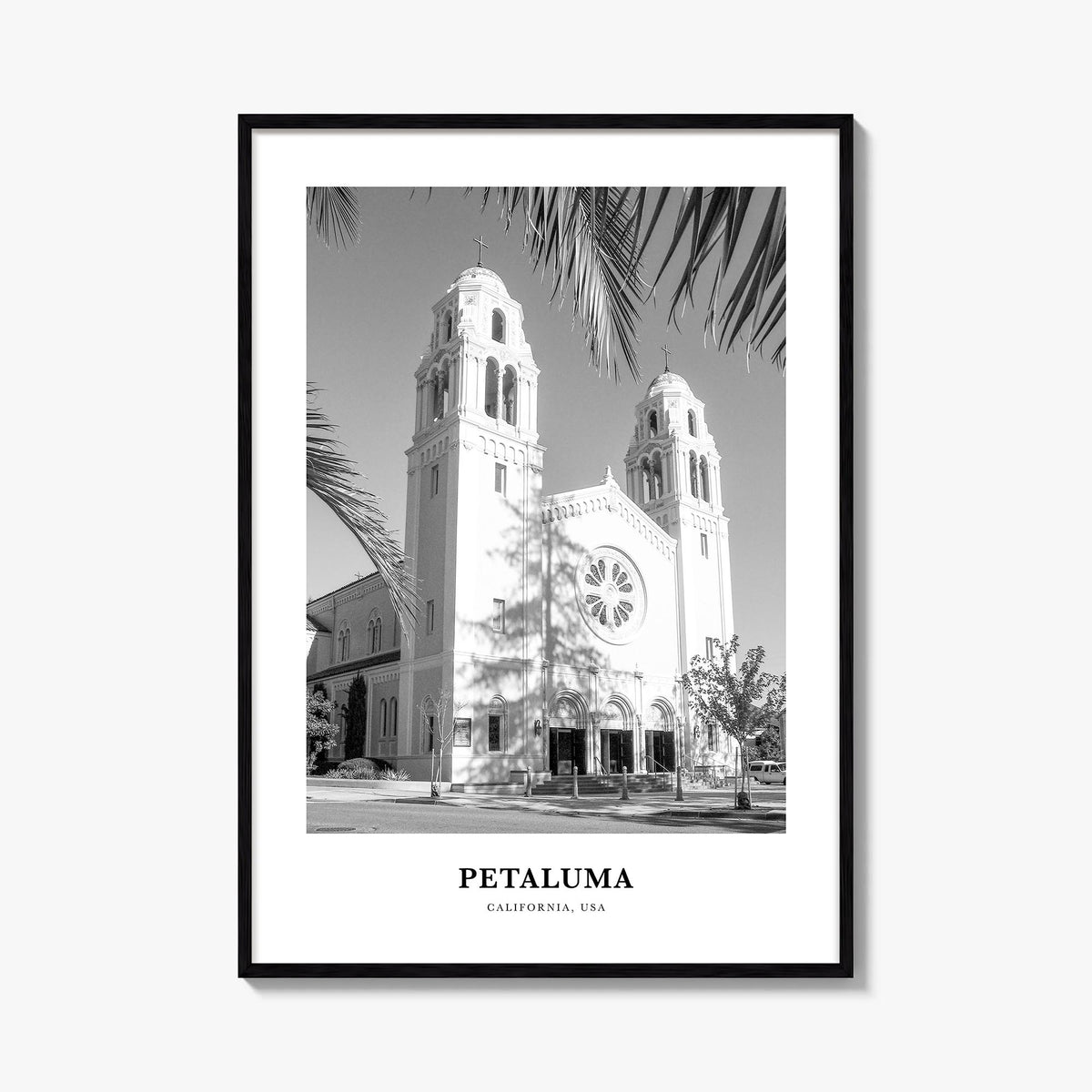 Petaluma black & white classic poster of California, USA – vertical wall art, unframed print shown in interior mockup