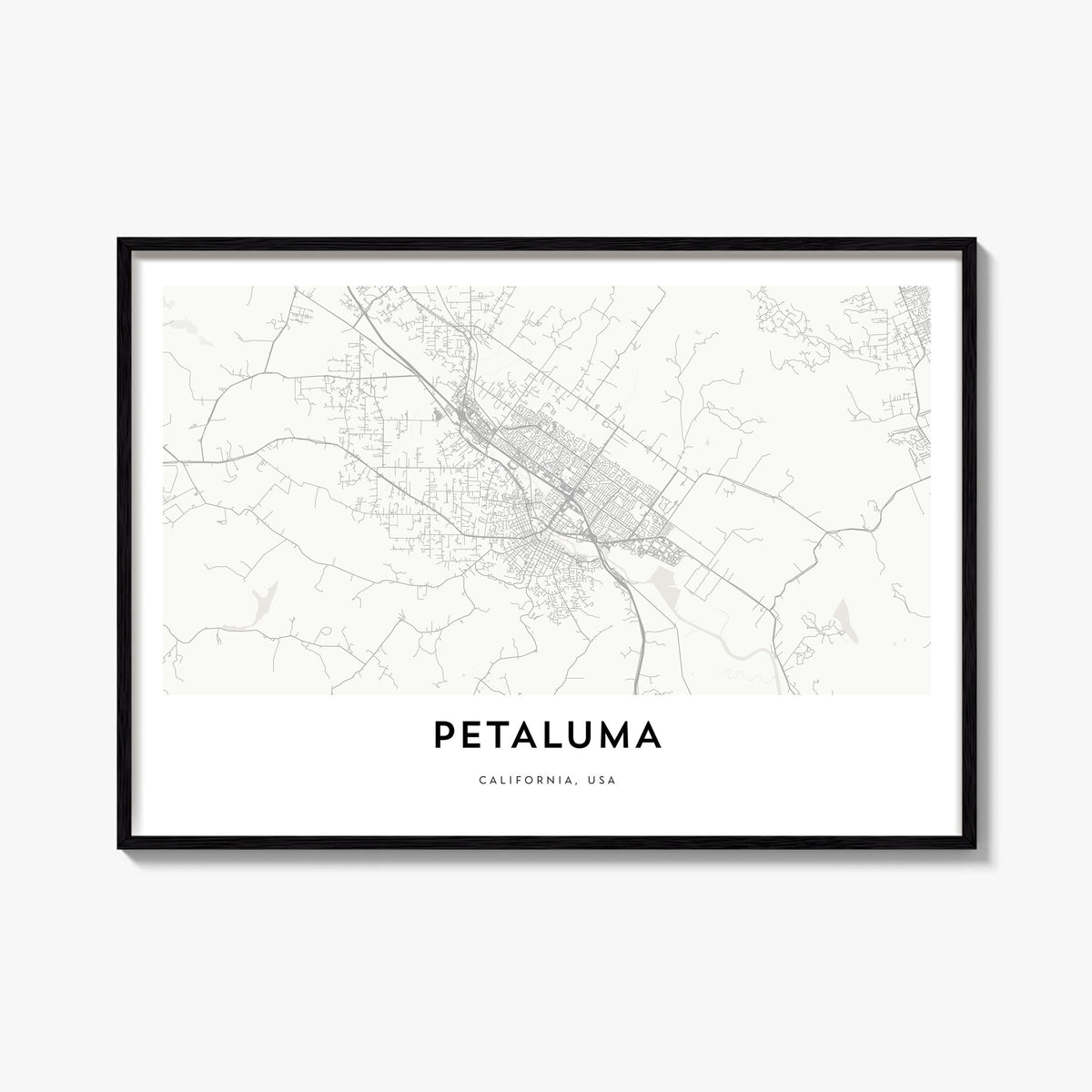 Petaluma black & white map poster of California, USA – horizontal wall art, unframed print shown in interior mockup