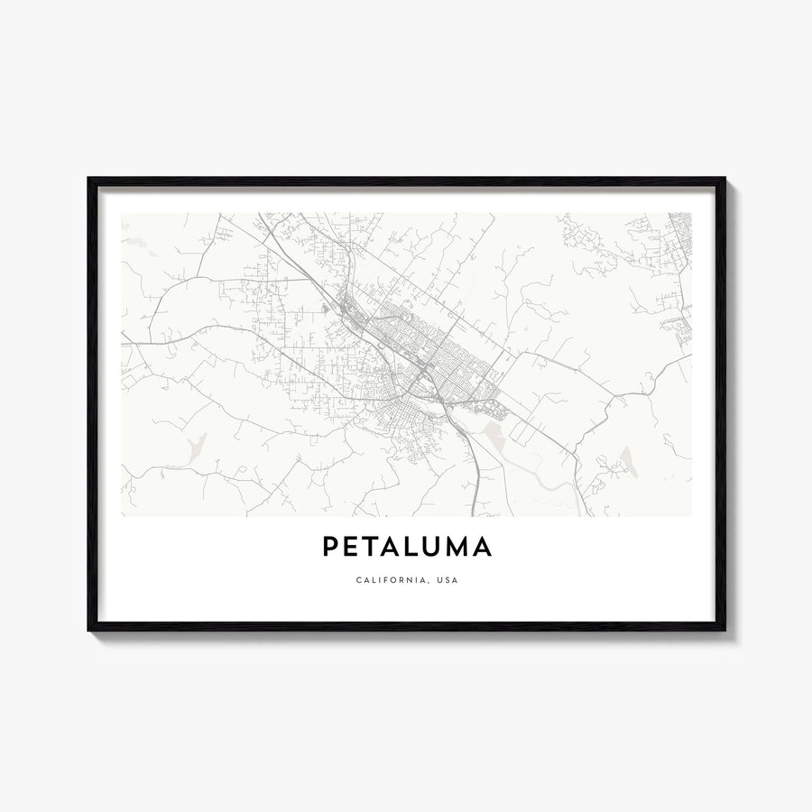 Petaluma black & white map poster of California, USA – horizontal wall art, unframed print shown in interior mockup
