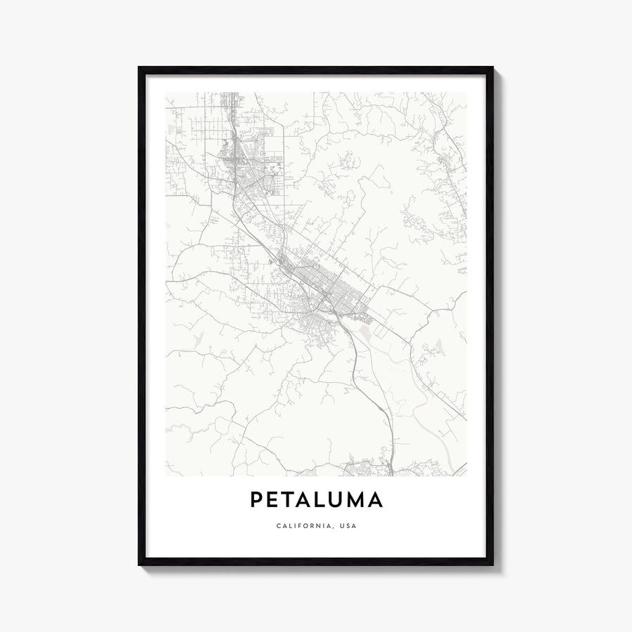 Petaluma black & white map poster of California, USA – vertical wall art, unframed print shown in interior mockup