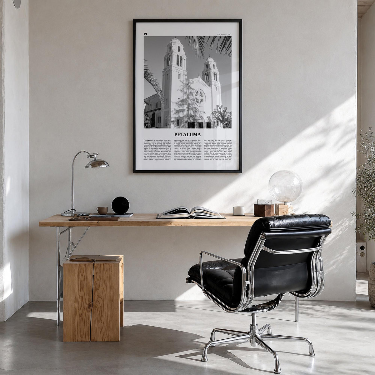Petaluma black & white newspaper poster of California, USA – vertical wall art in black wood frame, hanging on wall