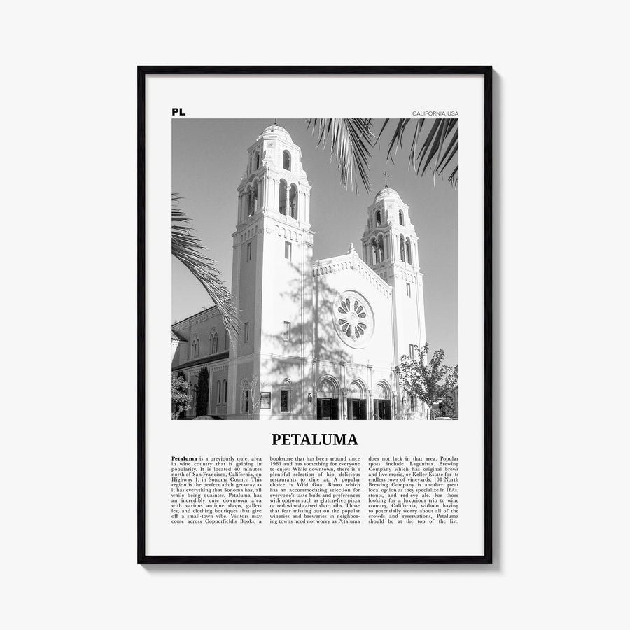 Petaluma black & white newspaper poster of California, USA – vertical wall art, unframed print shown in interior mockup