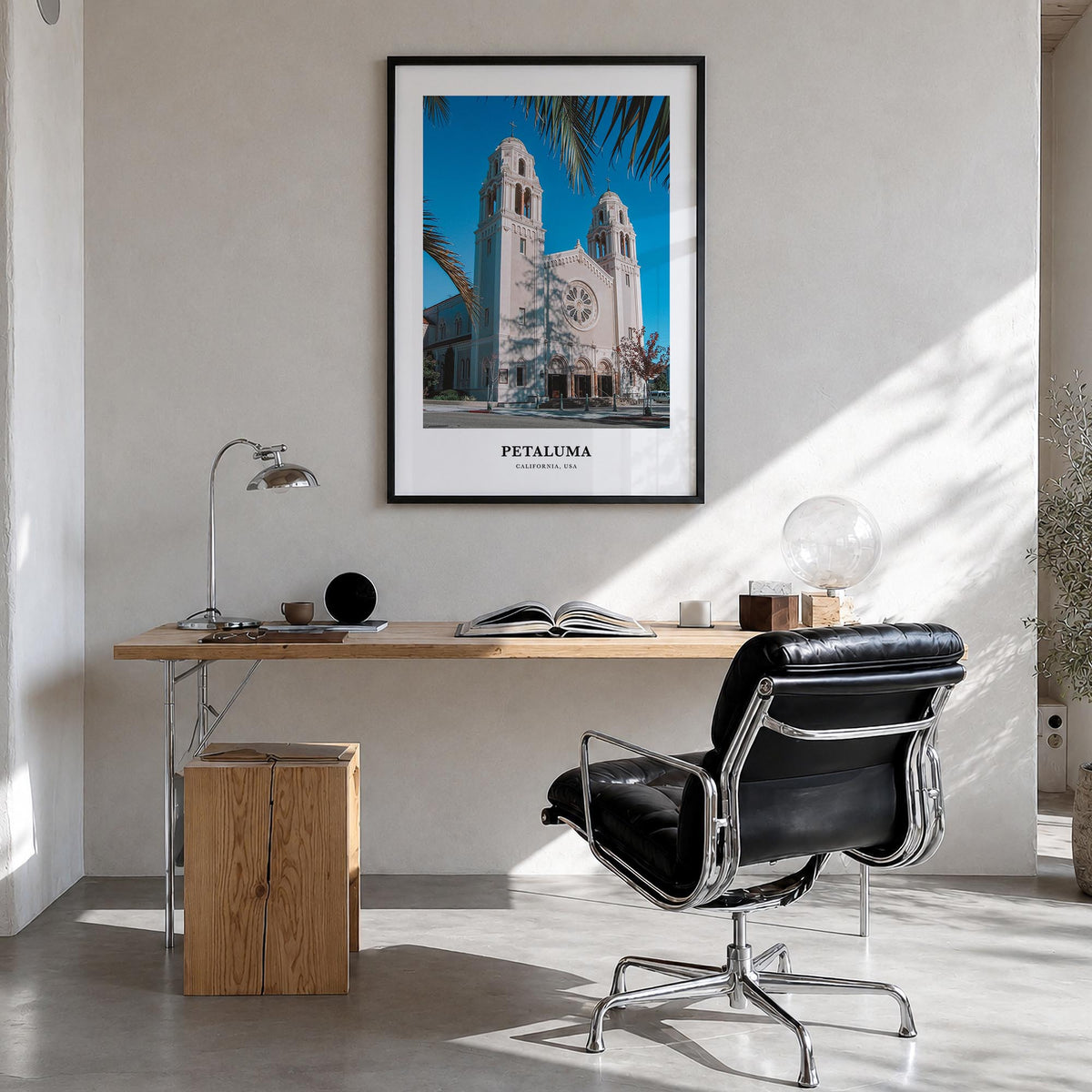 Petaluma colorful classic poster of California, USA – vertical wall art in black wood frame, hanging on wall