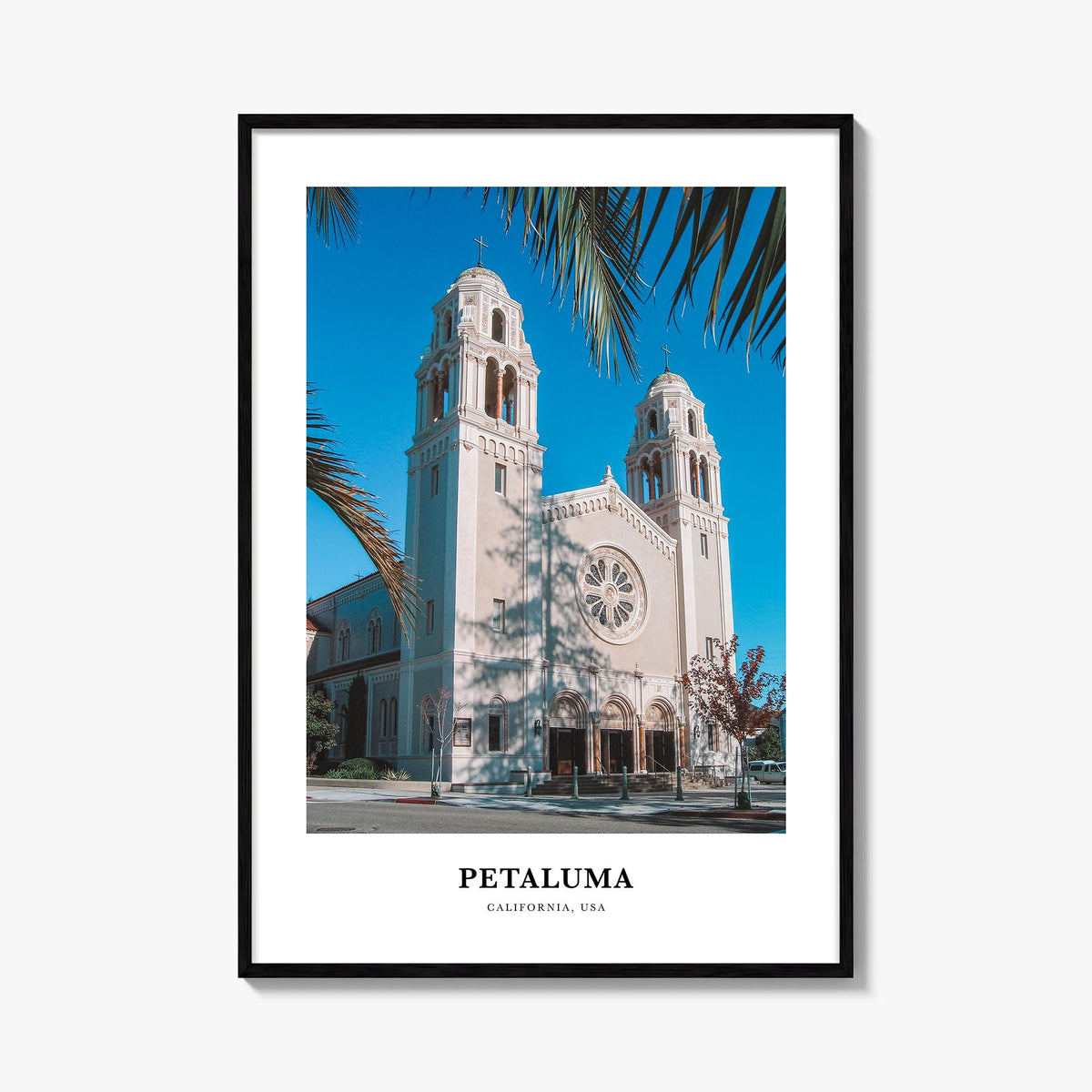 Petaluma colorful classic poster of California, USA – vertical wall art, unframed print shown in interior mockup