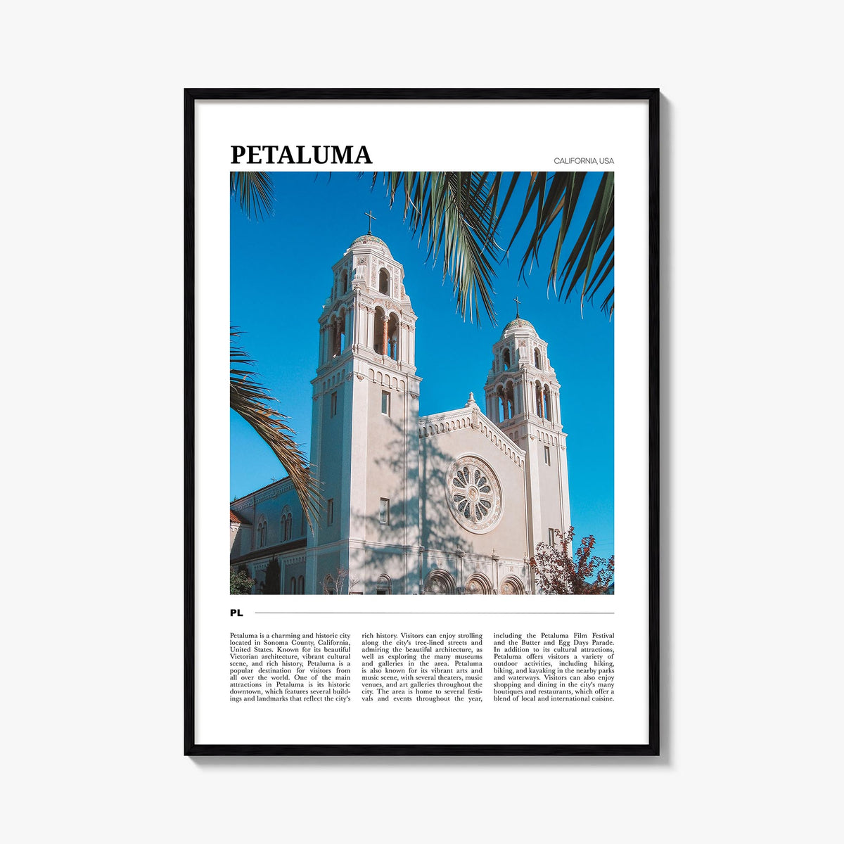 Petaluma colorful travel poster of California, USA – vertical wall art, unframed print shown in interior mockup