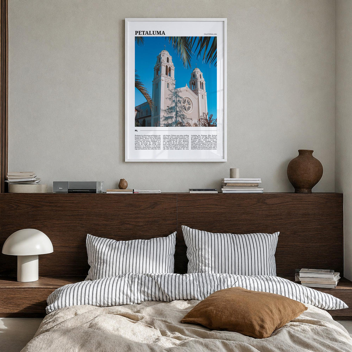 Petaluma colorful travel poster of California, USA – vertical wall art in white wood frame, hanging on wall