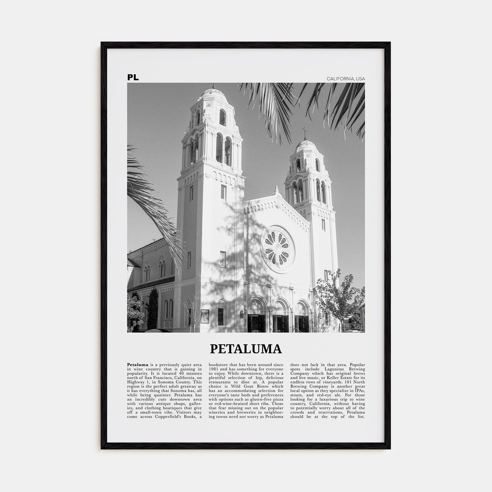 Petaluma Poster Black Wood / 8x12 in Nbourhood Travel B&W Poster