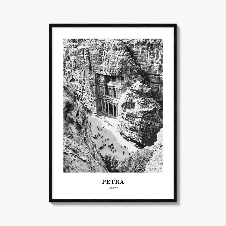 Petra black & white classic poster of Jordan – vertical wall art, unframed print shown in interior mockup