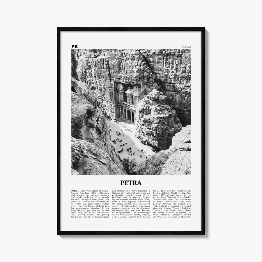 Petra black & white newspaper poster of Jordan – vertical wall art, unframed print shown in interior mockup