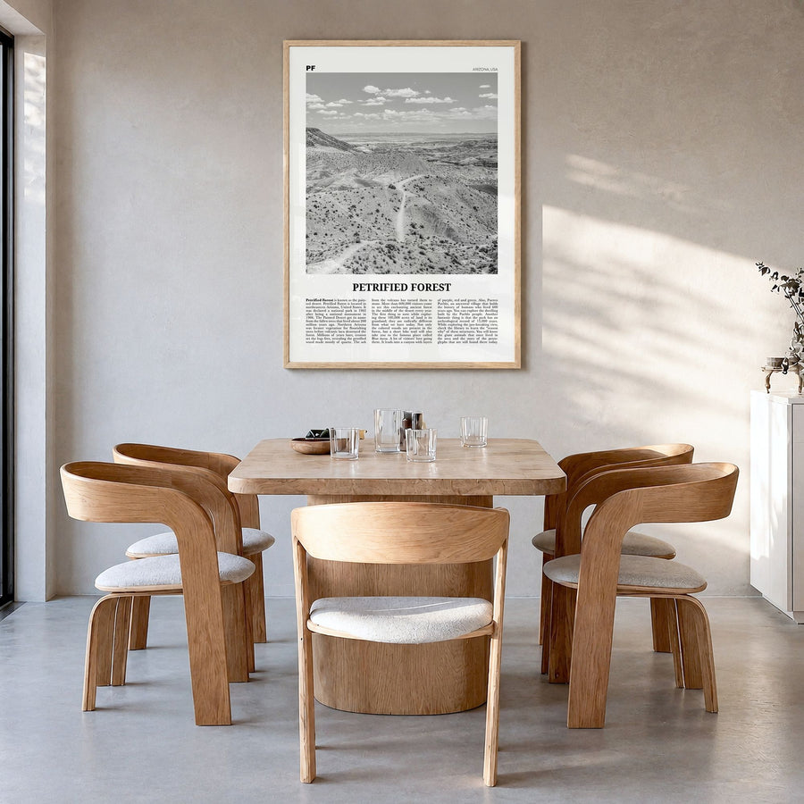 Petrified Forest National Park Newspaper Poster in a natural wood frame, hanging in a dining room