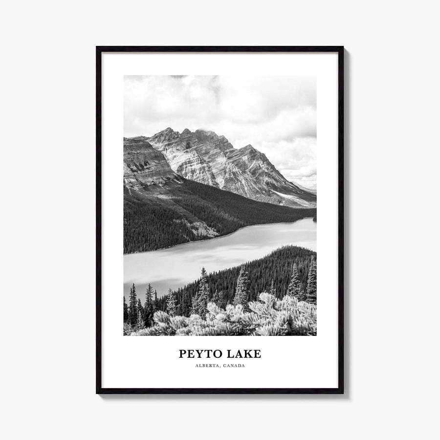 Peyto Lake black & white classic poster of Canada – vertical wall art, unframed print shown in interior mockup