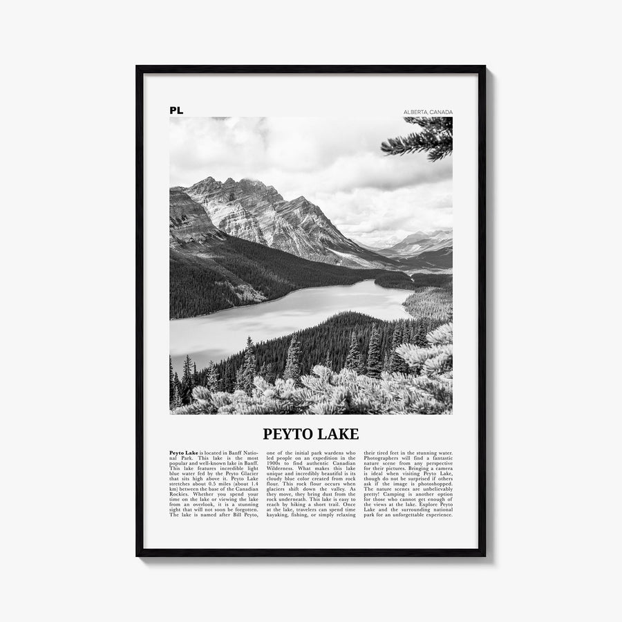 Peyto Lake black & white newspaper poster of Canada – vertical wall art, unframed print shown in interior mockup
