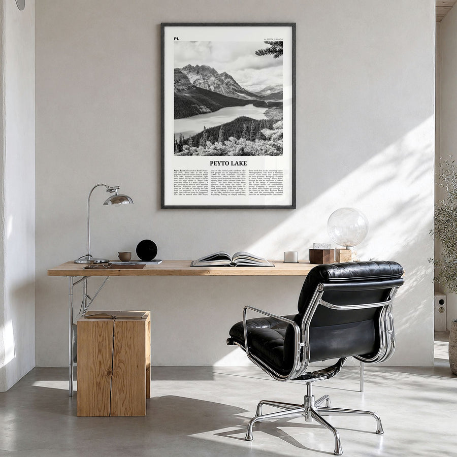 Peyto Lake Newspaper Poster in a black wood frame, hanging in a bright home office