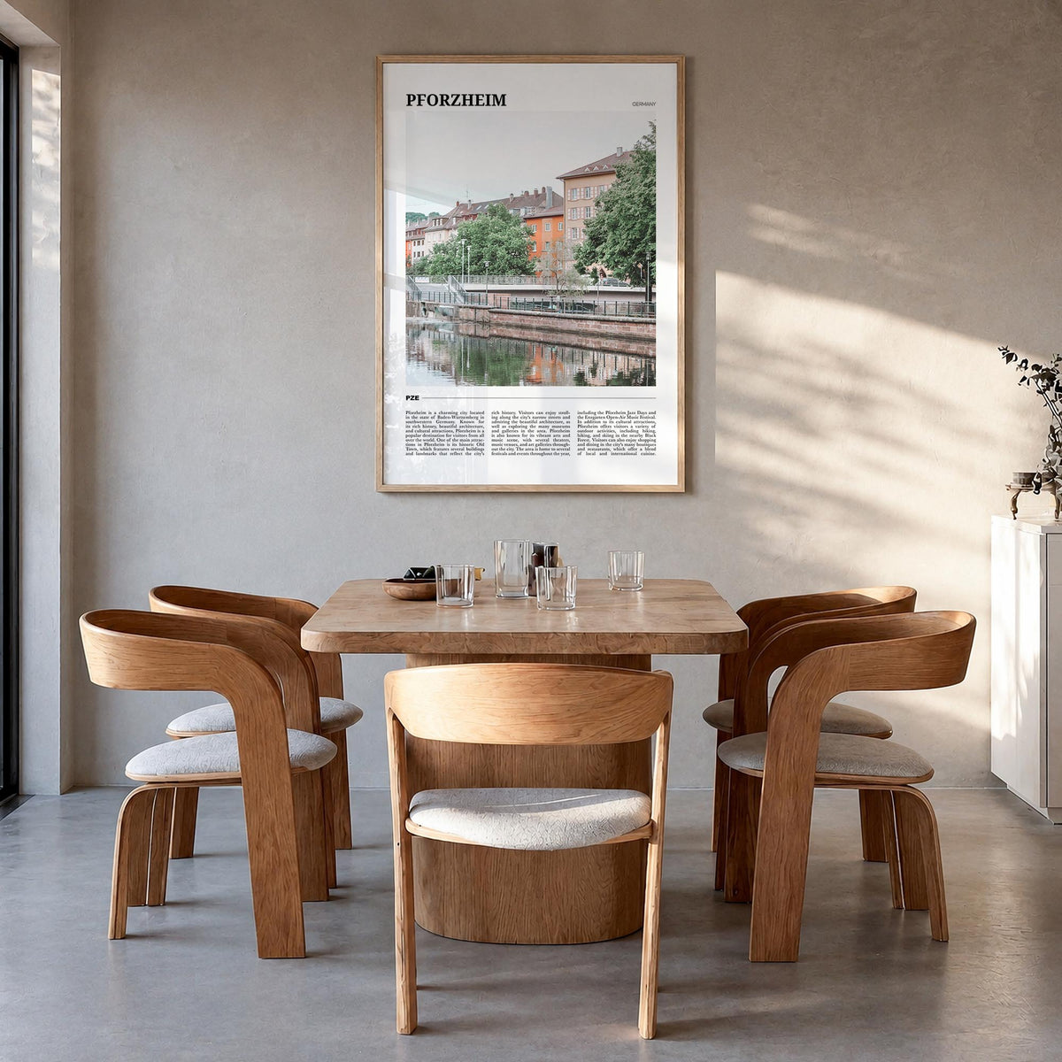 Pforzheim colorful travel poster of Germany – vertical wall art in natural wood frame, hanging on wall