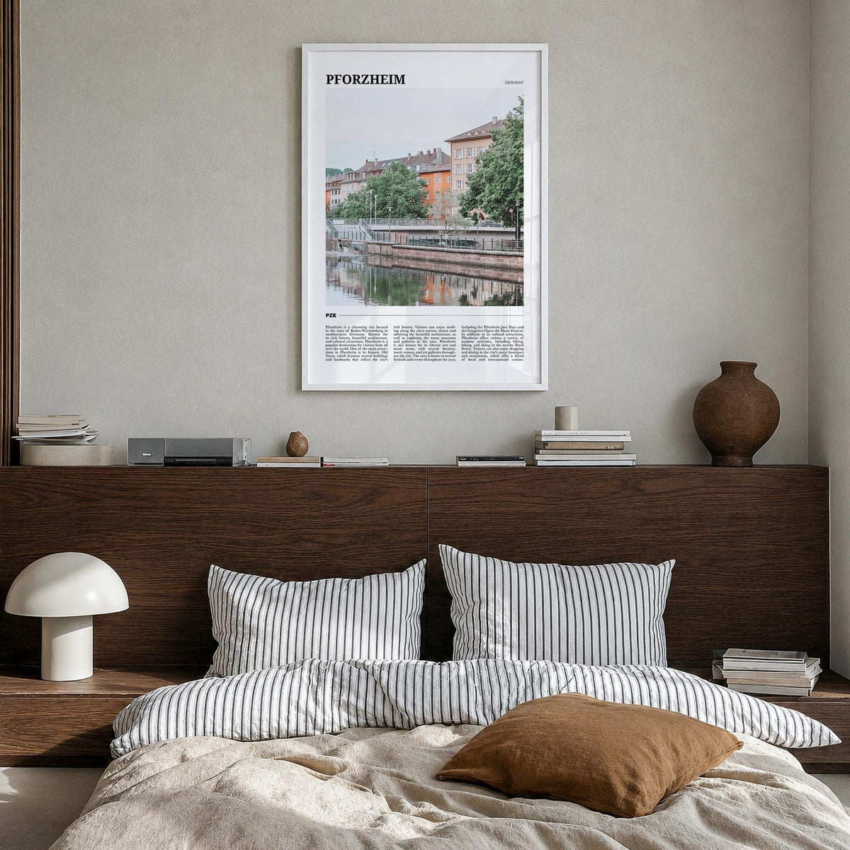 Pforzheim colorful travel poster of Germany – vertical wall art in white wood frame, hanging on wall