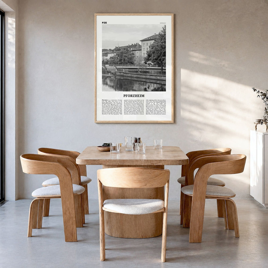Pforzheim Newspaper Poster in a natural wood frame, hanging in a dining room